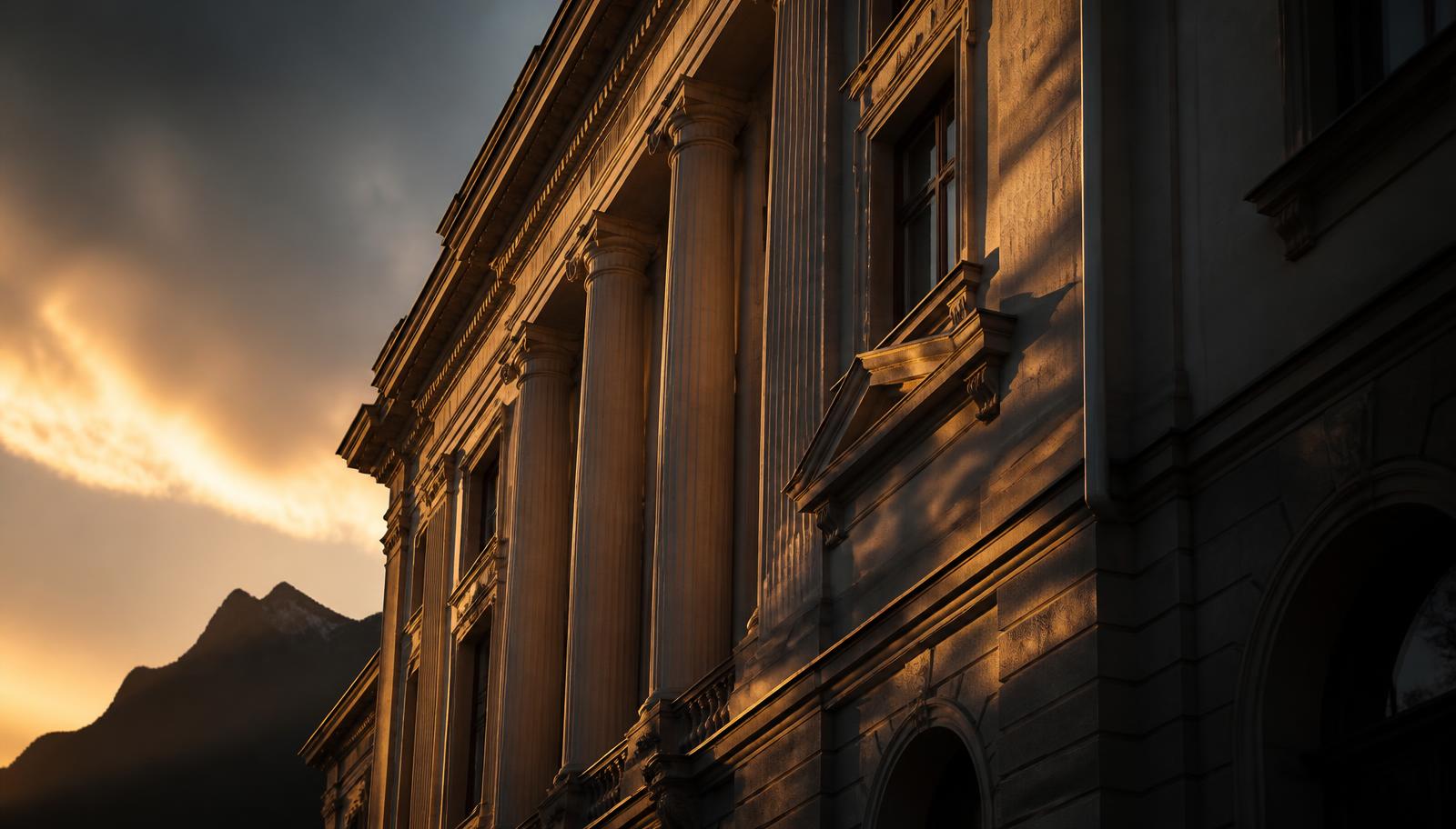 Fassade einer Finanzaufsichtsbehörde in Vaduz im goldenen Abendlicht